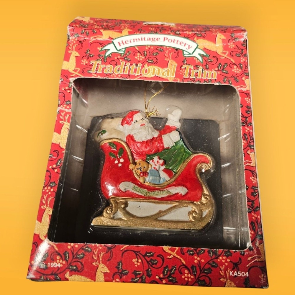 Hermitage Pottery Ornament‎ 1994 Stocking Traditional Trim Santa In Sleigh